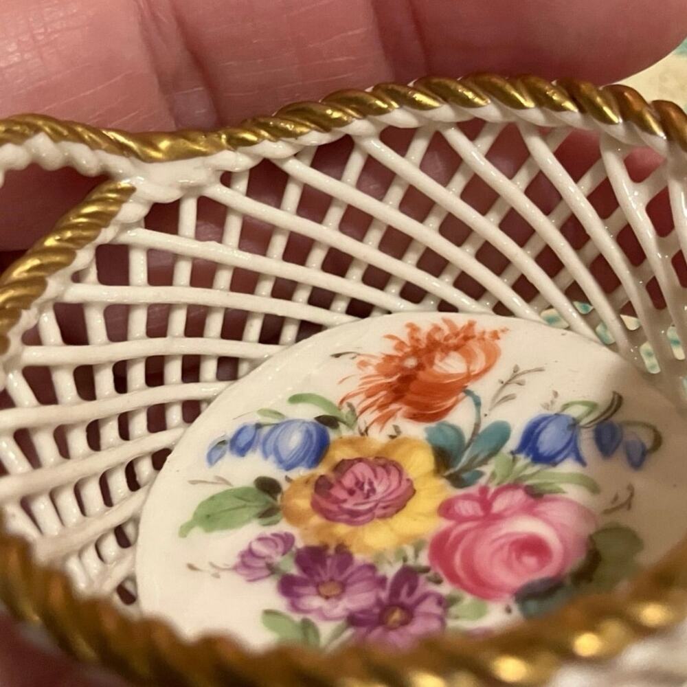 Dresden Mini Porcelain Basket, Reticulated • Floral • Gold Trim • Made in Saxony - Picture 4 of 6